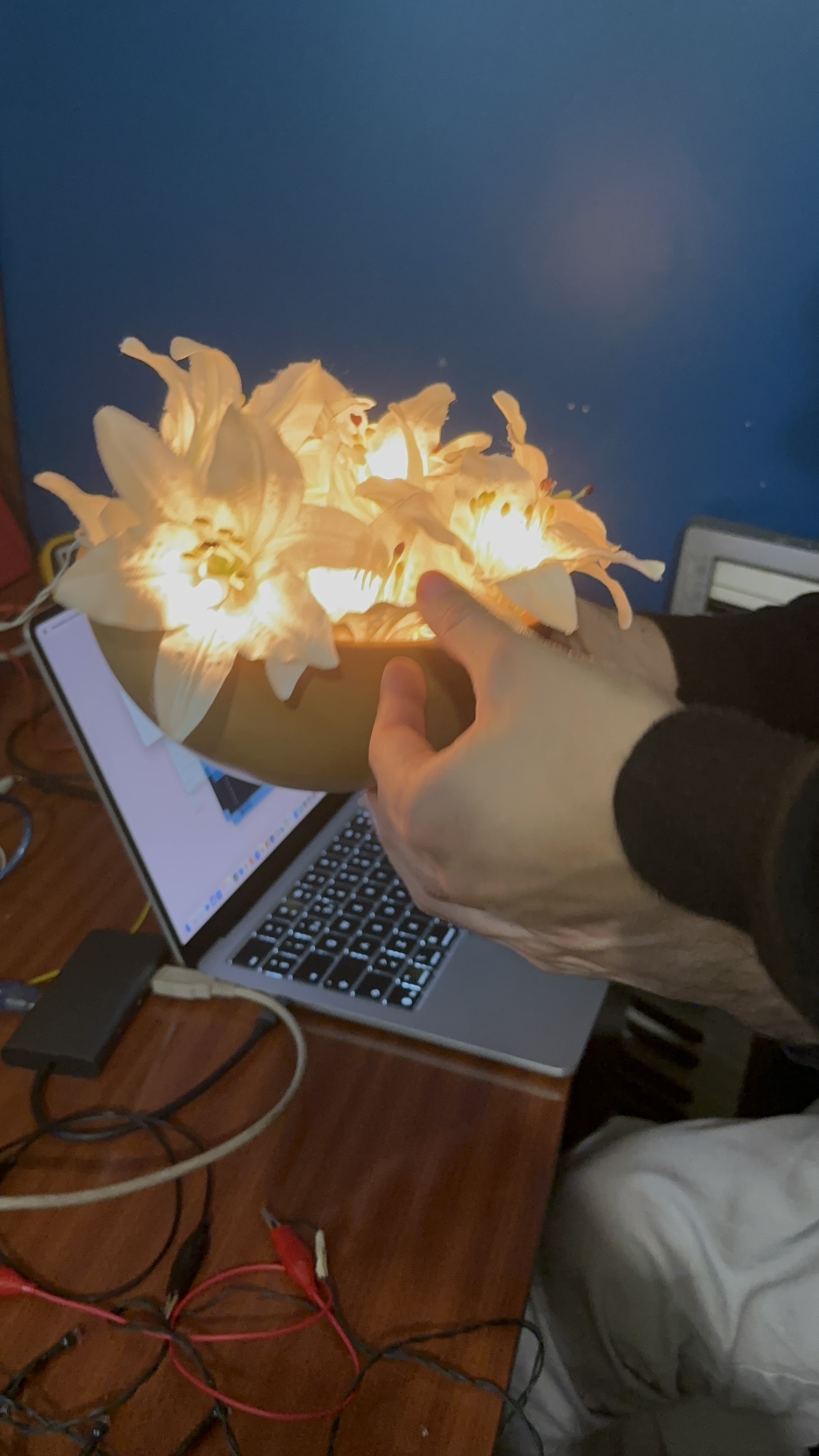 A glowing flower-based light and sound prototype in development.